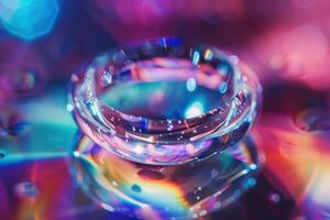 Water droplet reflecting colorful bokeh lights creating abstract design photo
