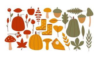 Big Set of Isolated Autumn Harvest and Nature Elements for Fall Decoration and Design. vector