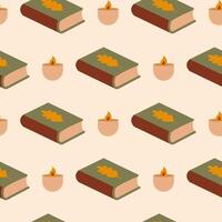Cozy Autumn Reading Seamless Pattern with Books and Candles for Print Design Hand drawn Flat . vector