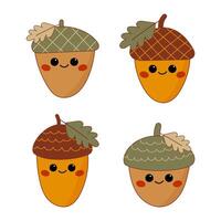 Cute Acorn Characters Set with Autumn Leaves, Nature Theme for Kids Design, Craft and Decorations. vector