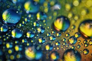 Colorful water droplets creating abstract pattern on a shiny surface photo