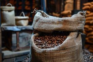 Burlap sack overflowing with aromatic coffee beans in a rustic setting photo