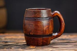 Wooden beer mug standing on a rustic table in a pub concept photo