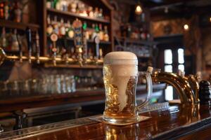 Refreshing glass of beer with foam is waiting on the counter for the customer photo