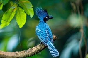 Long crested jay perched on branch turning head in dense jungle photo