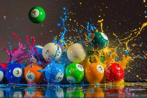Colorful billiard balls exploding with vibrant paint splashing in mid air photo