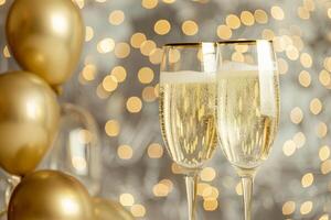 Two champagne flutes filled with bubbly stand in front of golden balloons and festive bokeh lights photo