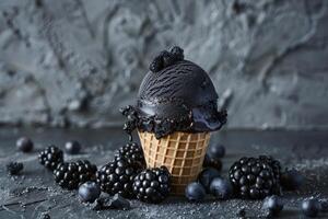 Black ice cream with blackberries and blueberries melting in a waffle cone on dark background photo
