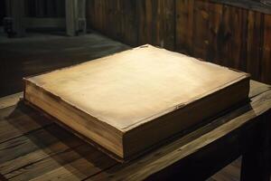 Old worn book with blank cover resting on rustic wooden table photo