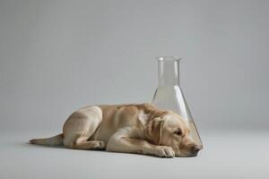 Labrador retriever sleeping near erlenmeyer flask on white background photo