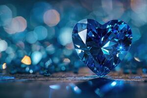 Blue diamond heart sparkling on a shiny blue background photo