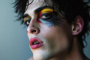 Young male model posing with artistic colorful makeup photo