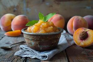 Bowl of peach jam surrounded by fresh peaches on rustic wooden table photo