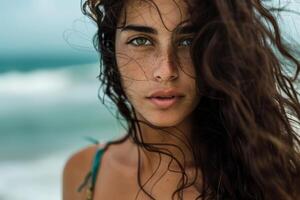 Beautiful young woman with freckles is posing on the beach with wind blowing her hair photo