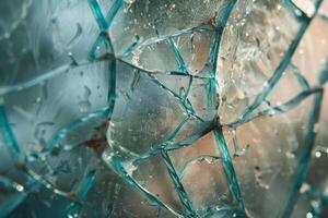 Broken safety glass reflecting sunlight creating abstract pattern photo