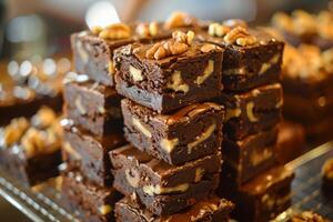 Stack of delicious brownies topped with walnuts waiting on a cooling rack photo
