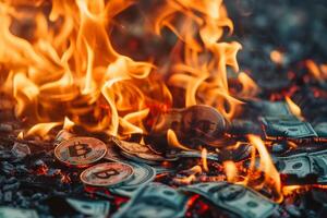 Dollar bills and bitcoins burning in fire symbolizing financial crisis photo