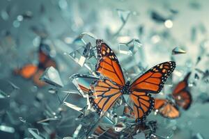 Monarch butterfly flying through shattered glass with reflections photo