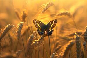 Butterfly resting on wheat stalk in golden field at sunset photo