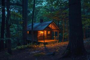Small log cabin glowing in twilight forest photo