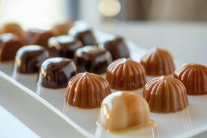 Delicious chocolate pralines resting on a white plate photo