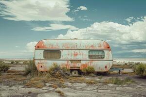 Old abandoned trailer is rusting away in the desert photo