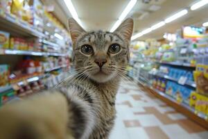 Cat taking selfie with paw in supermarket food aisle photo