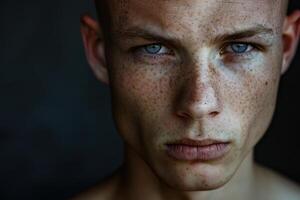 Serious young man with freckles is staring at camera photo