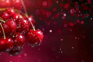 Branch of ripe cherries hanging on a red bokeh background photo