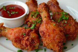 Crispy fried chicken legs being served with spicy sauce photo