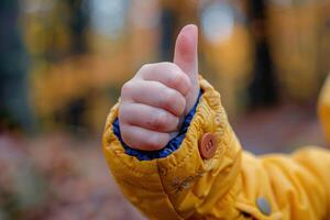 Hand with thumb up, showing positive feedback and agreement photo