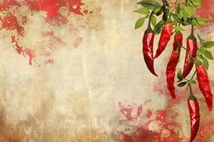 Red hot chili peppers hanging on grunge background with copy space photo