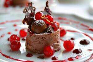 Chocolate mousse is being topped with chocolate curls, a chocolate truffle, and red currants photo