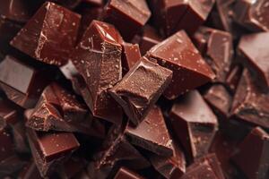 Dark chocolate chunks creating delicious background texture photo