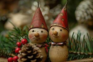 Two wooden christmas elves smiling and celebrating christmas with pine branches and red berries photo