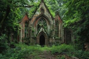 Abandoned church building being reclaimed by nature in lush forest photo