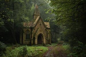 Old stone chapel standing on a path leading through a dark forest photo