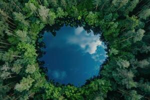 Drone photography showing a serene lake surrounded by lush green forest photo