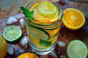 Refreshing cold drink with citrus fruits, cucumber and mint on wooden table photo
