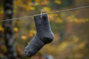 Grey wool sock drying on clothesline in autumn photo