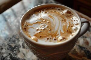 Steaming cup of coffee with latte art on foam sitting on patterned countertop photo