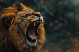 Closeup of an intimidating lion roaring with a dark, blurry background photo