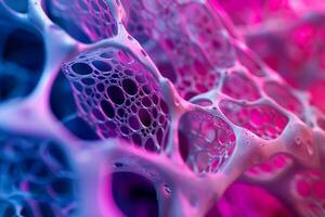 Closeup of bubble patterns with blue and pink hues, resembling a microscopic view photo