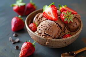 Chocolate ice cream with fresh strawberries in a bowl photo