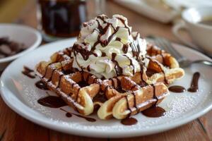Decadent belgian waffles with whipped cream and chocolate sauce photo