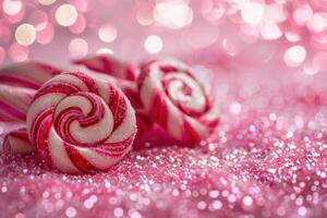 Festive candy canes on sparkling pink background photo