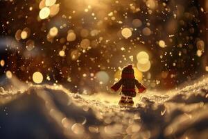 Small figure journeys through a goldenlit, snowcovered landscape with sparkling snowflakes photo