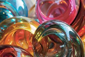 Vibrant array of multicolored glass paperweights with intricate designs photo