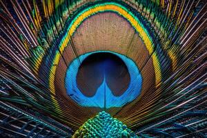 Macro shot showcasing the intricate patterns and vivid colors of a peacock feather photo