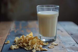 Fresh milk in glass with scattered cereal flakes photo